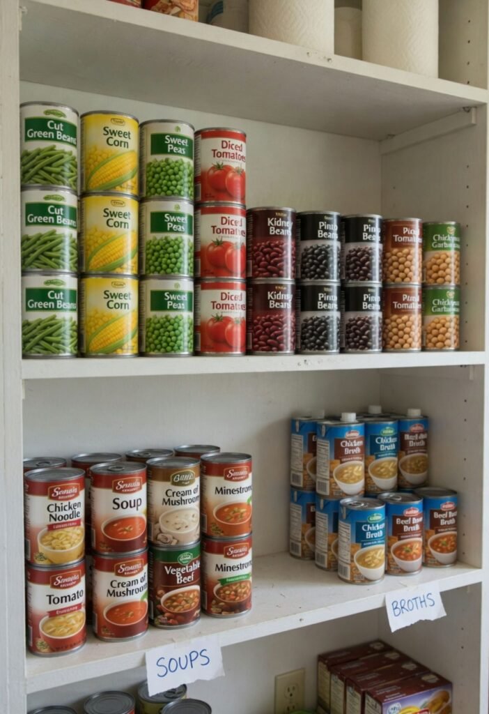 Canned vegetables beans and soups grouped neatly on pantry shelves