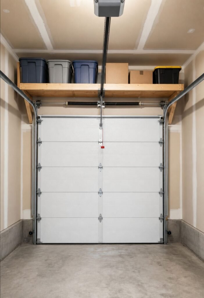 Overhead storage area above garage door for lightweight seasonal items