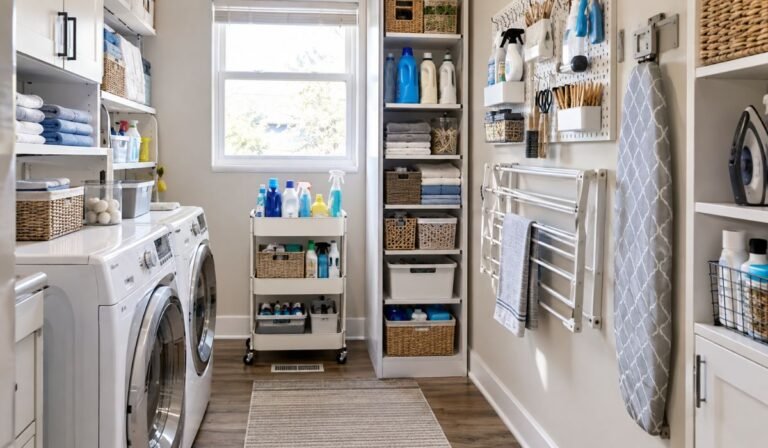 Small laundry room organized with smart storage solutions