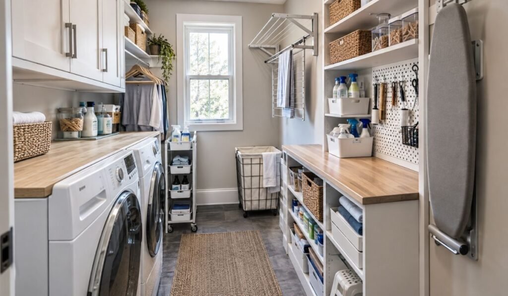 Organized small laundry room with shelves cabinets and storage supplies