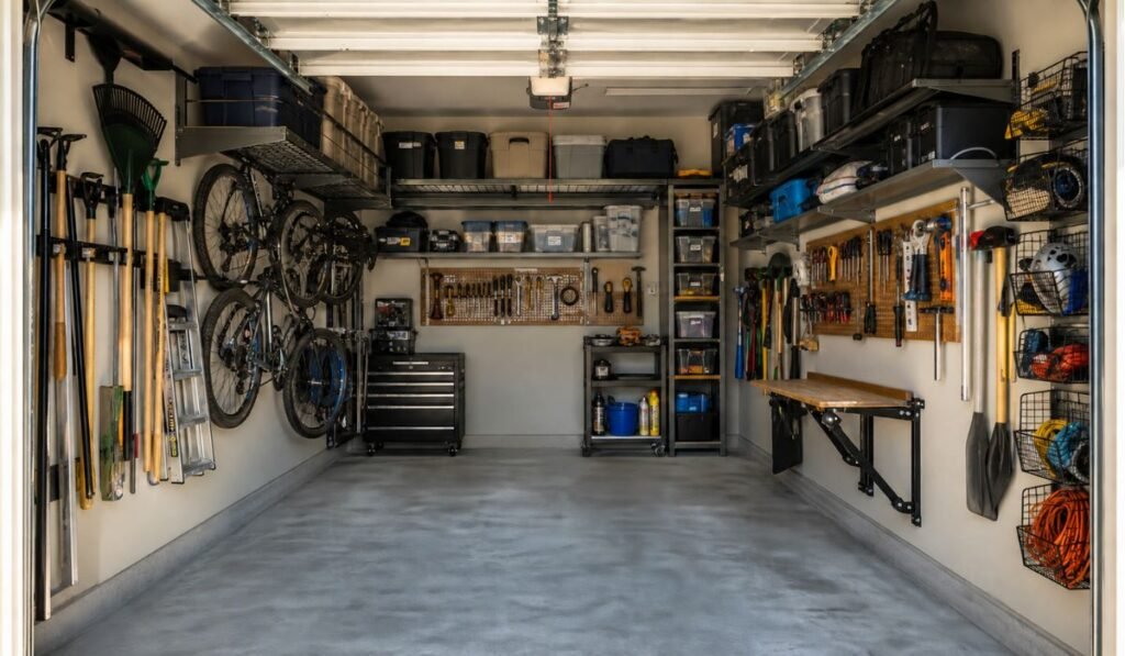 Small garage with organized storage and open floor space