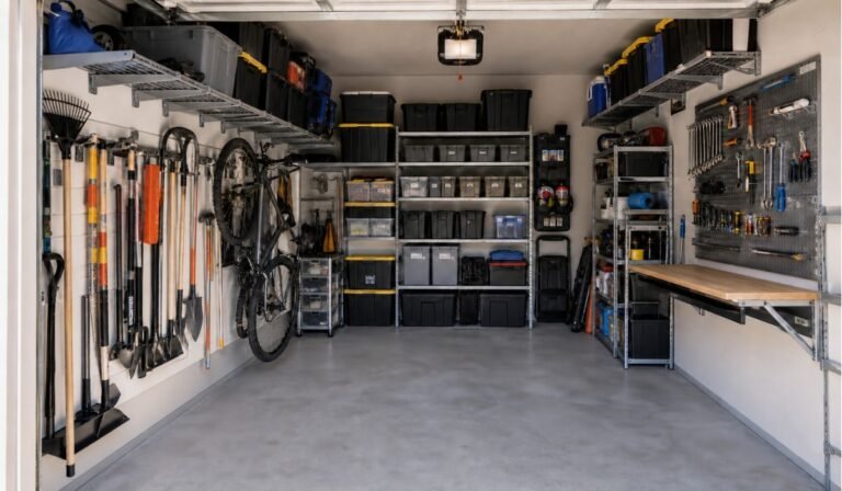 Small garage organized with budget-friendly storage solutions