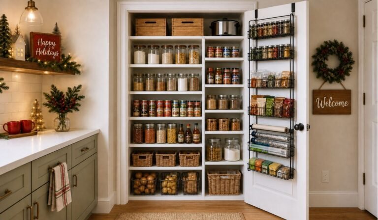 Organized kitchen pantry with food storage for the holiday season