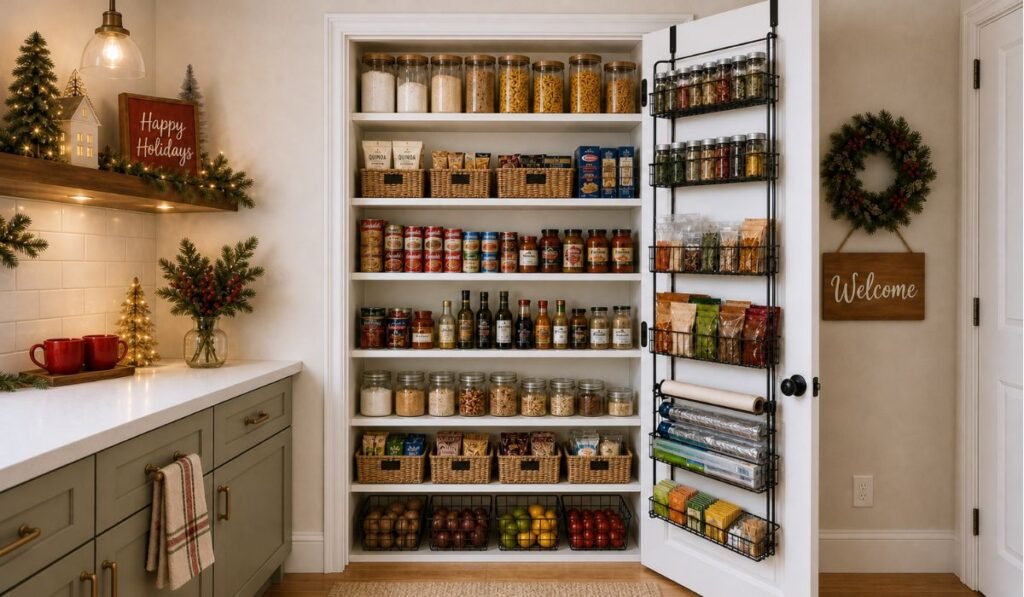 Small pantry with organized shelves and holiday baking ingredients